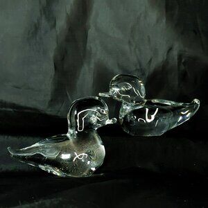 Vintage Hand Brown Crystal Clear Glass Duck Paperweight Figurines Decor
